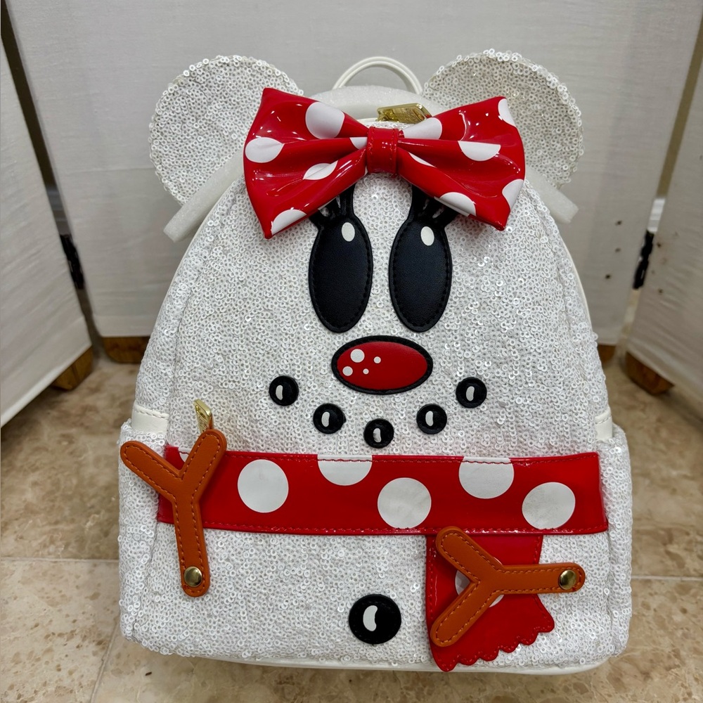 Loungefly Disney Snowman Minnie Mouse Sequin Mini Backpack. NWT